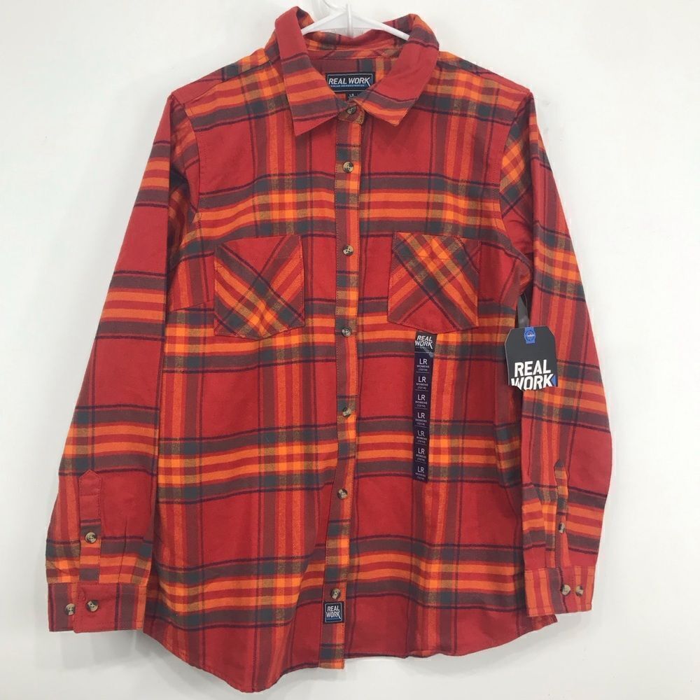 Real Work Orange Gray Plaid Cotton Flannel Button Up Pocket Chest Shirt